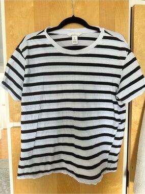 Nursing  friendly Black & White Striped Crew Neck Shirt